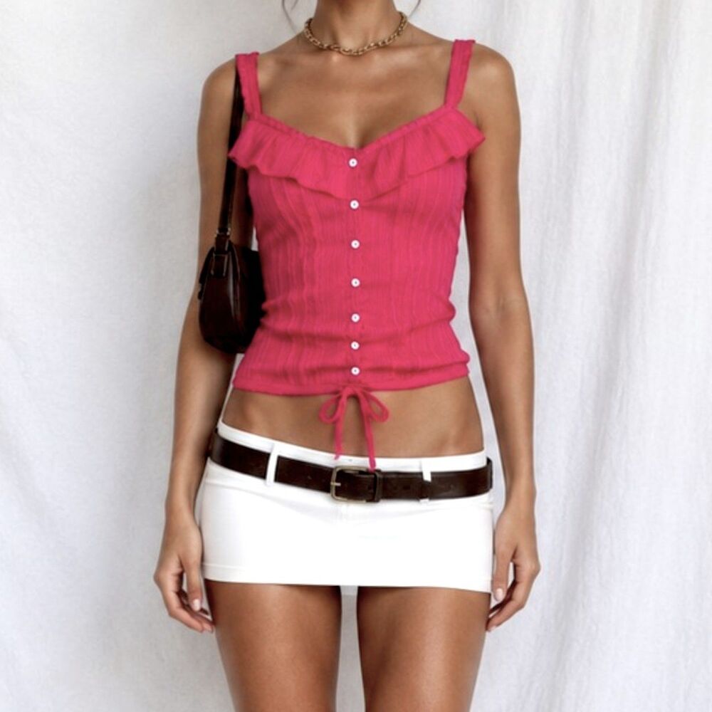 Vintage Y2K 90s V-Neck Pink Button Front Ruffle Cami Tank Blouse Top Size XS